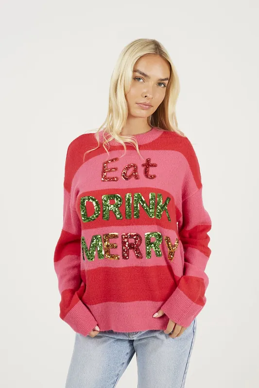 Sequin Slogan Stripe Christmas Jumper - Brave Soul