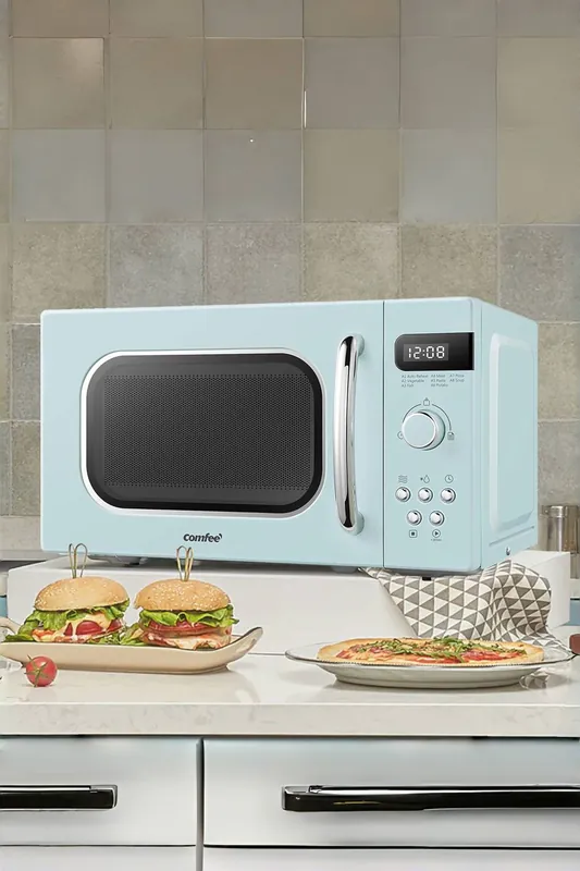 800w 20L Retro Style Microwave Oven with 8 Modes, 5 Power Levels, Defrost Setting, Express Cook, Timer, Control Panel&Child Lock - Living and Home
