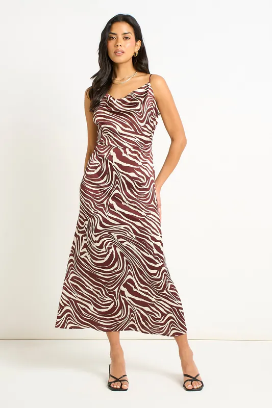 Burgundy Zebra Cowl Neck Midi Dress - Gini London