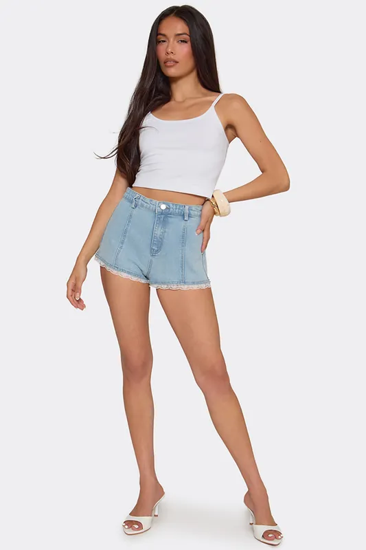 Lace Trim Denim Mid Rise Shorts - EGO