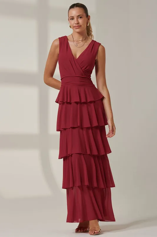 Plain Tiered Mesh Maxi Dress - Jolie Moi