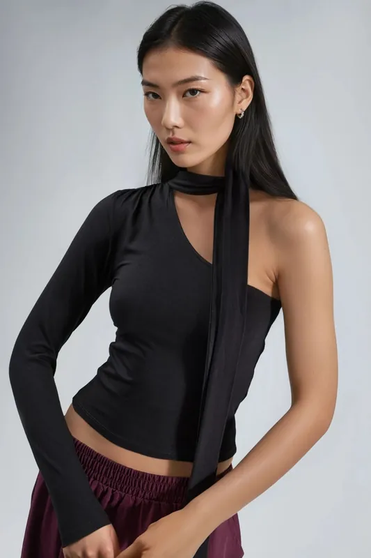 Single Sleeve Blouse With Shawl Detail - Busem