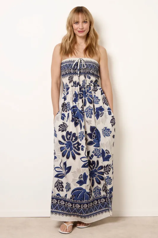 Navy Flower Print Bandeau Maxi Dress - Blue Vanilla