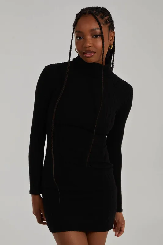 Chunky Brushed Rib Roll Neck Dress - Pink Vanilla