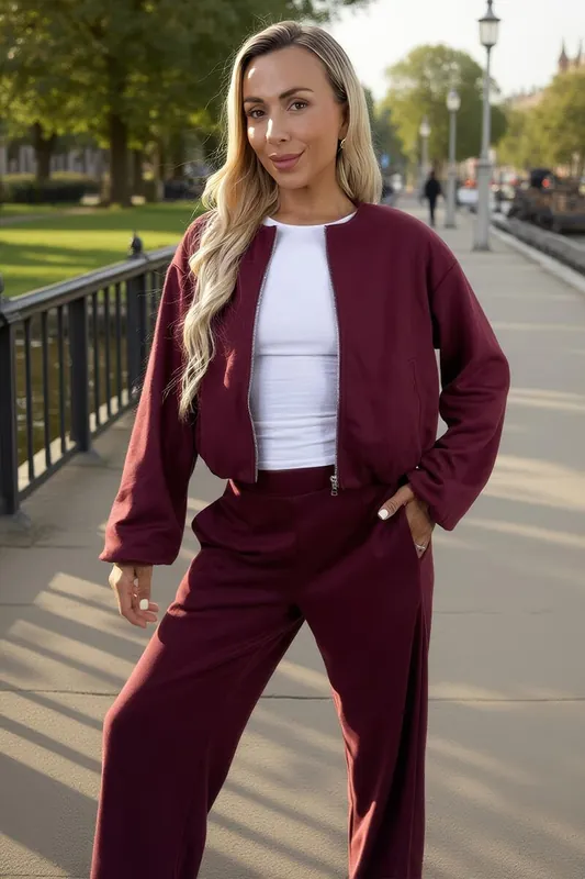 Burgundy Bubble Hem Cropped Soft Bomber Jacket - AX Paris