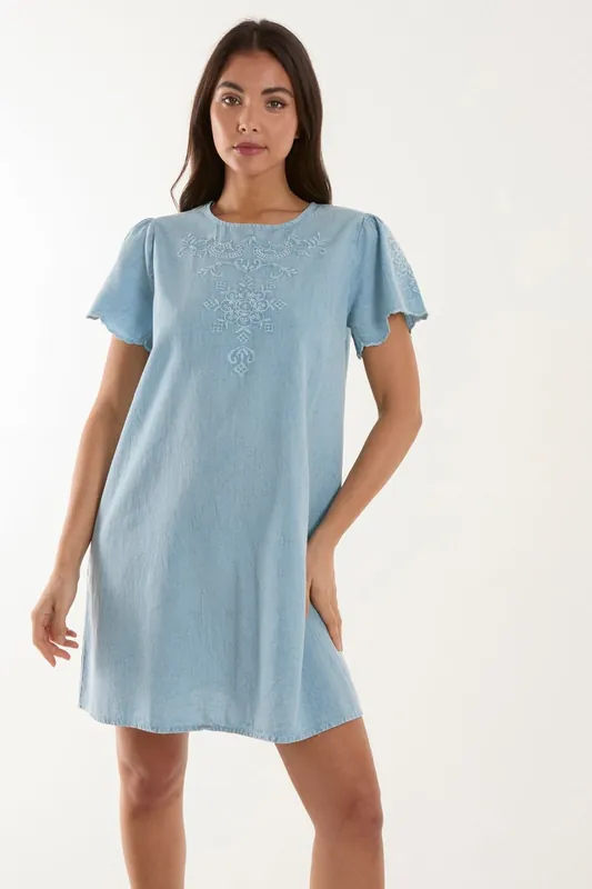 Embroidered Mini Dress - Blue Vanilla