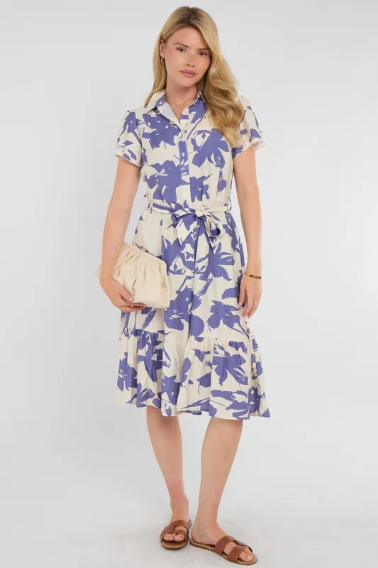 Lilac Botanical Leaf Print Tiered Midi Shirt Dress - Love Sunshine