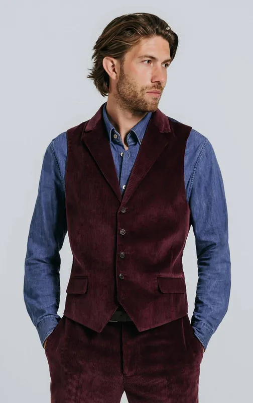 Burgundy Corduroy Notch Lapel Waistcoat - Dobell