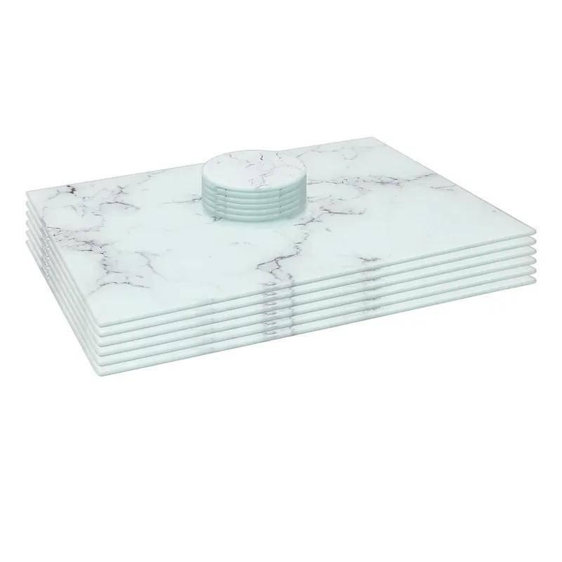 12pc Glass Placemats & Round Coasters Set - 40 x 30cm Marble Effect