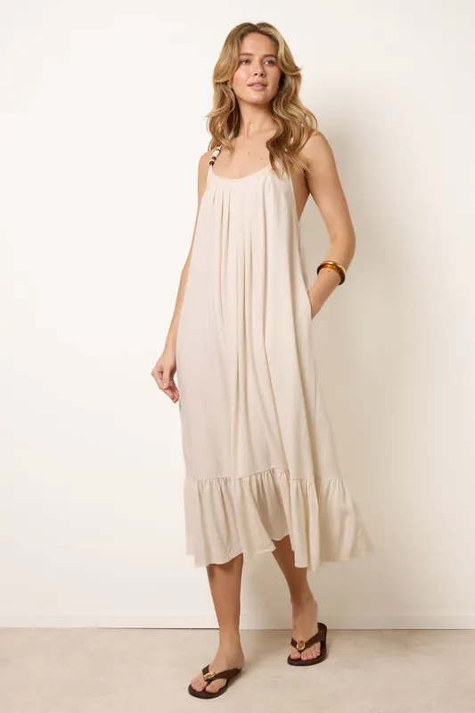 Off White Natural Textured Dress With Bead Details - Blue Vanilla