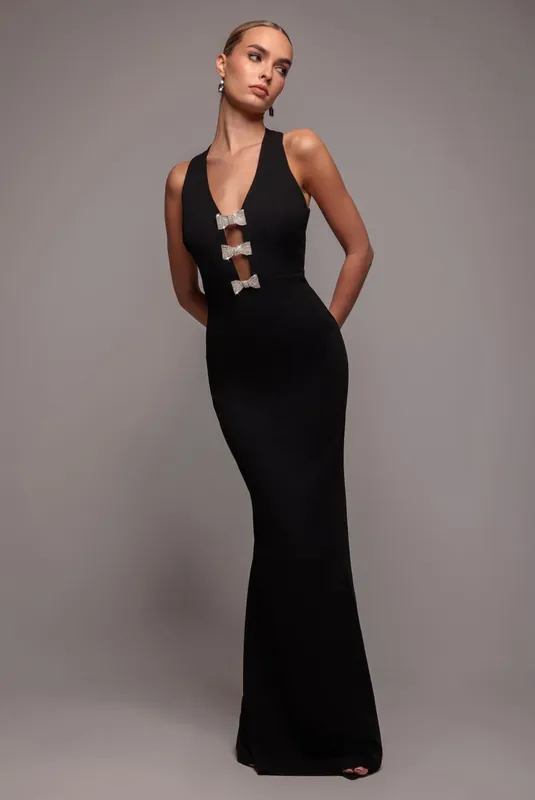 Embellished Diamante Bow Mermaid Halter Neck Maxi Dress - Goddiva