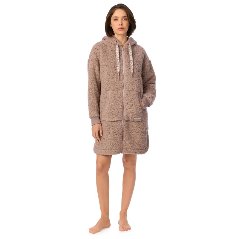 91.5cm Long Sleeve Hooded Zip Robe in City Stone Sherpa - DKNY