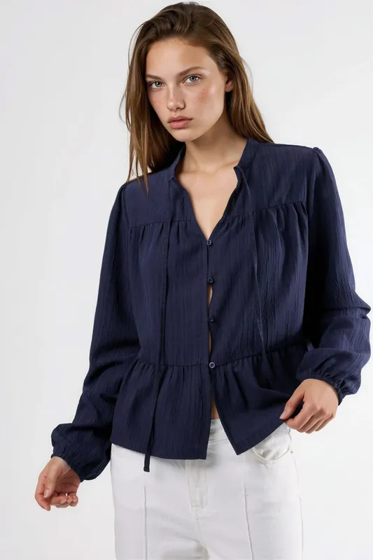 Long Sleeve Tippet Collar Blouse - Hiccup