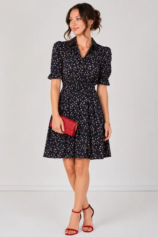 Navy Ditsy Floral Tea Dress - Love Sunshine