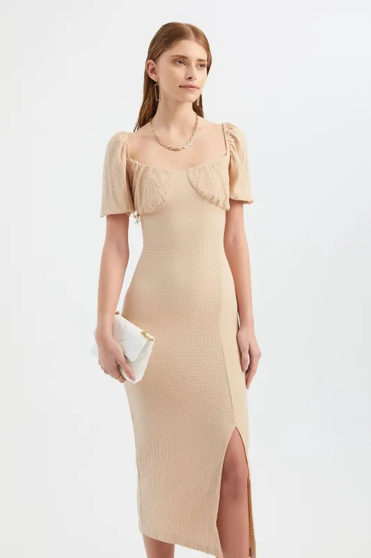 Sweetheart Neck Smocked Balloon Sleeves Midi Dress with a Side Slit - Hiccup