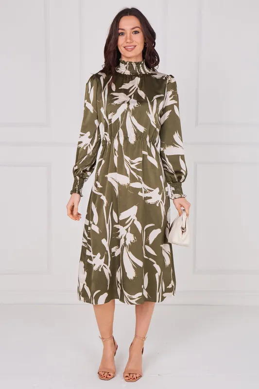Olive Whisper Floral Shirred Neck Midaxi Dress - Love Sunshine