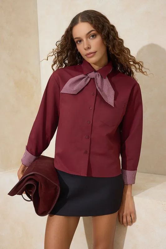 Gabardine Button-Front Shirt with Scarf Neck Detail