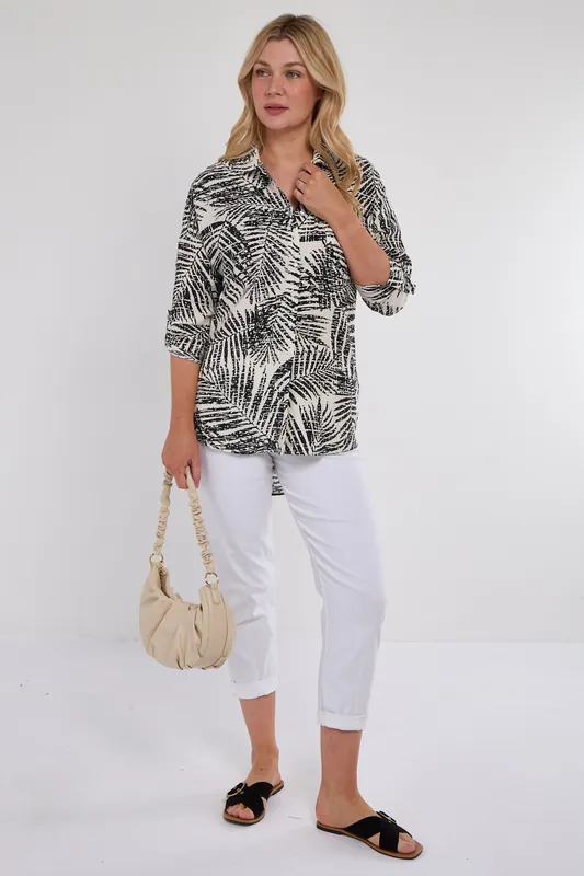 Black Palm Leaf Print Long Sleeve Shirt - Love Sunshine