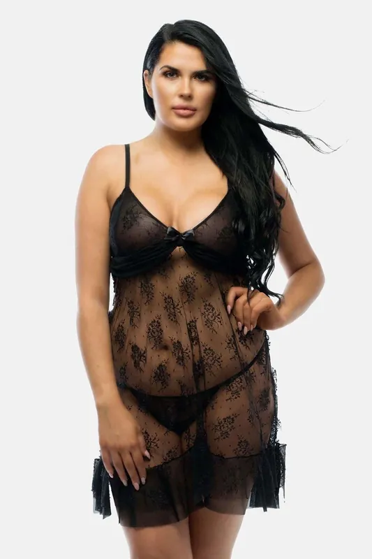 Rhea Plus Size Black Lace Babydoll with Ruffle - Perfect4U