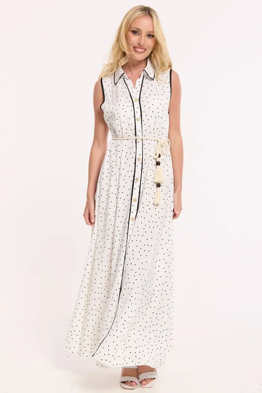 White Polka Dot Button Maxi Dress - Liquorish