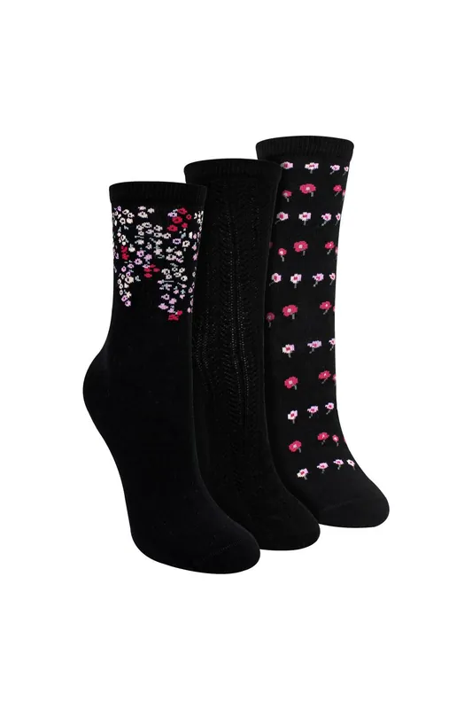 3 Pairs Floral Pattern Socks - Soft Cotton Rich Everyday Socks
