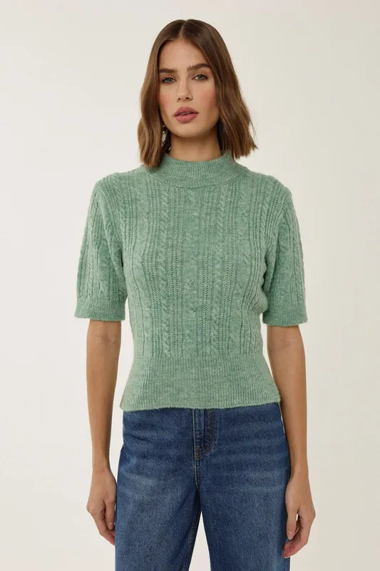 Short Sleeve Half Turtleneck Hair Braid Knit Sweater - Hiccup