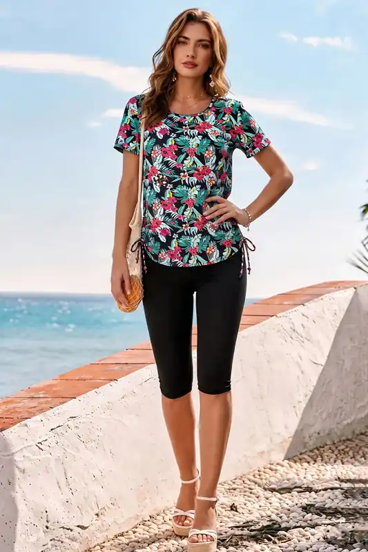 Stylish Swim Top and Capri Pants Set with Side Drawstring - MODISHION