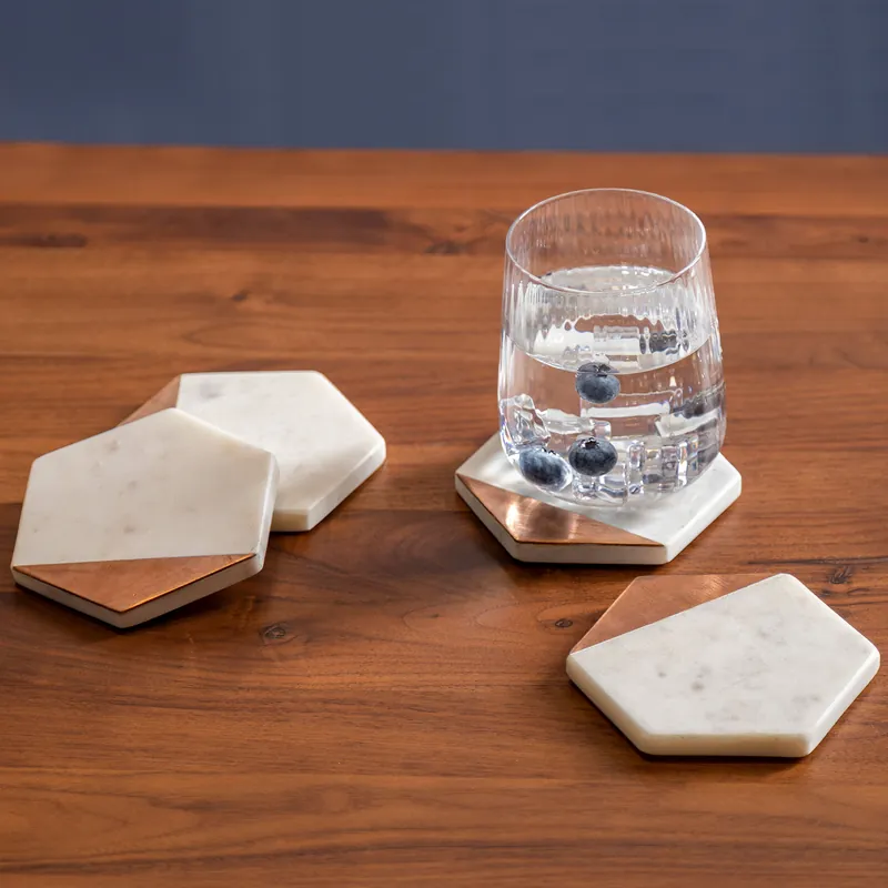 Elegant Set Of Four White Marble And Copper Inlay Coasters, Durable Natural Stone Coasters - Orsina