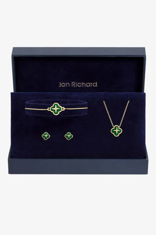 Gold Plated and Malachite Clover Trio Set - Gift Box