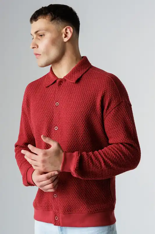 Textured Polo-Style Knit Long Sleeve Button Overshirt