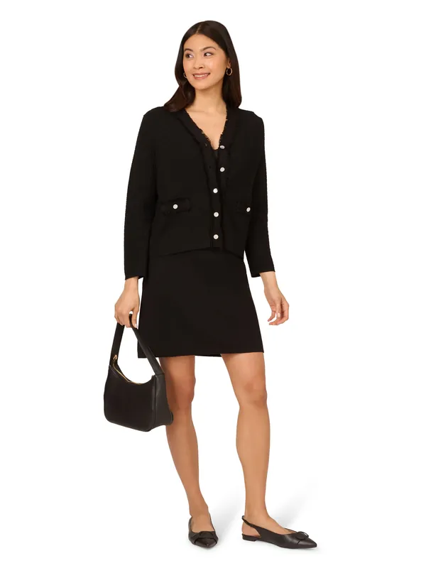 Knit Frayed Waffle Crop Cardigan Sweater - Adrianna Papell