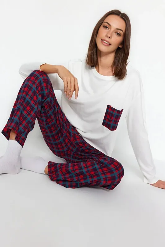 2-Piece Checked Pocket Detail Pajama Set