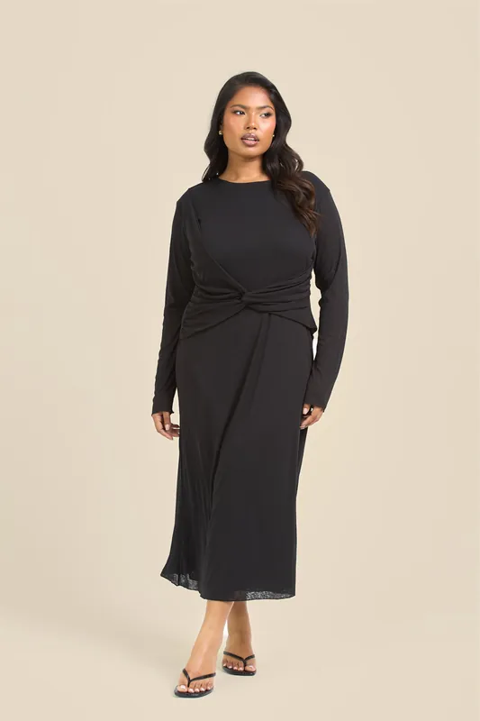 Curve Twisted Bodice Midi Dress In Knitted Textured Jersey - FASHION-SZN