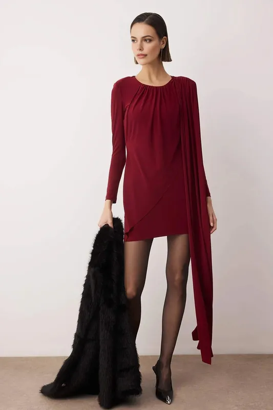 Round Neck Long Sleeve Draped Mini Knit Dress - WOVCOR