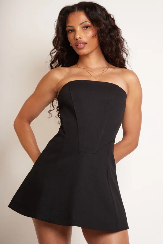 Lorna Black Twill A Line Corset Mini Dress - Jaded Rose