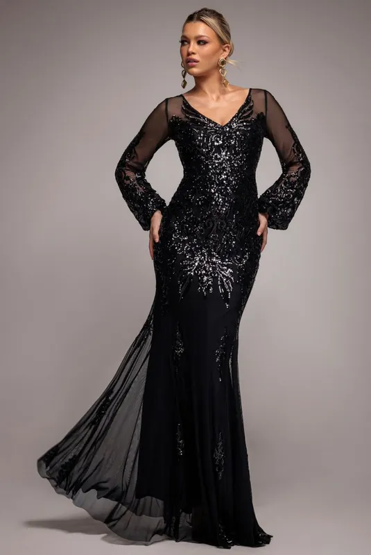 Embellished Sequin Bishop Sleeve Maxi Dress - Goddiva