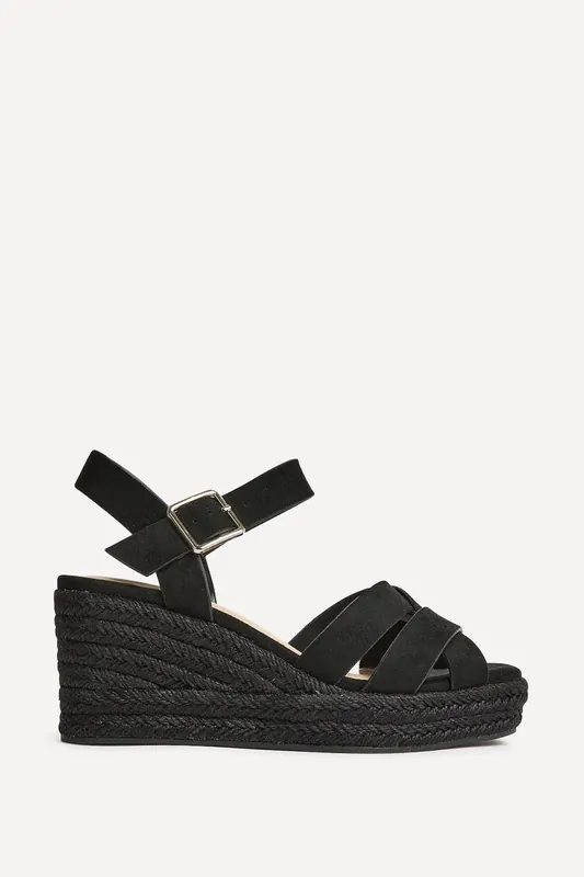 Sheena Black Crossover Espadrille Wedges - Linzi