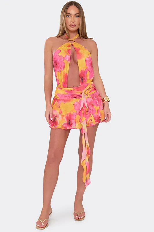 Sleeveless Cut Out Floral Mini Dress - EGO