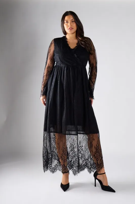 Black Lace Wrap Midi Dress - Shnoo