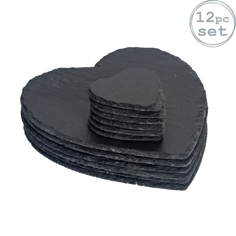 12 Piece Heart Slate Placemats & Coasters Set - Argon Tableware