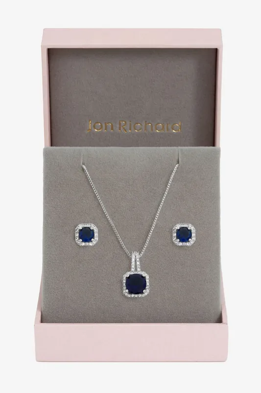 Rhodium Plated Cubic Zirconia and Sapphire Square Drop Set - Gift Box