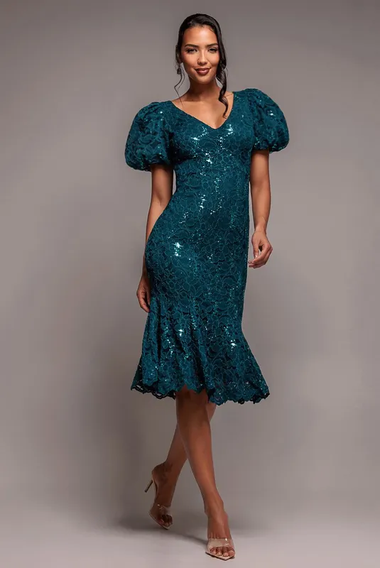Sequin Lace Puff Sleeve Fit & Flare Midi Dress - Goddiva