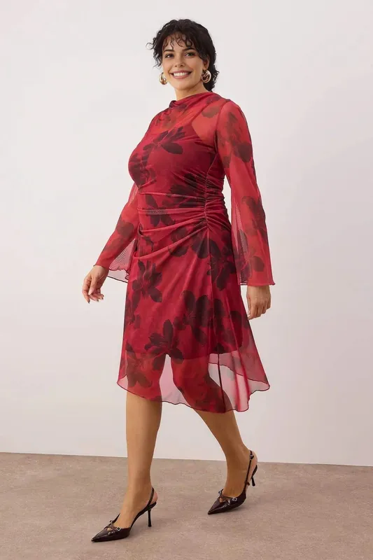 Floral Print Ruched Mesh Midi Dress with Long Sleeves - WOVCOR