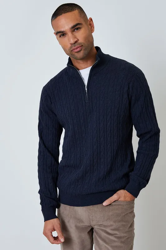 Cable Knit Quarter Zip Jumper - Threadbare