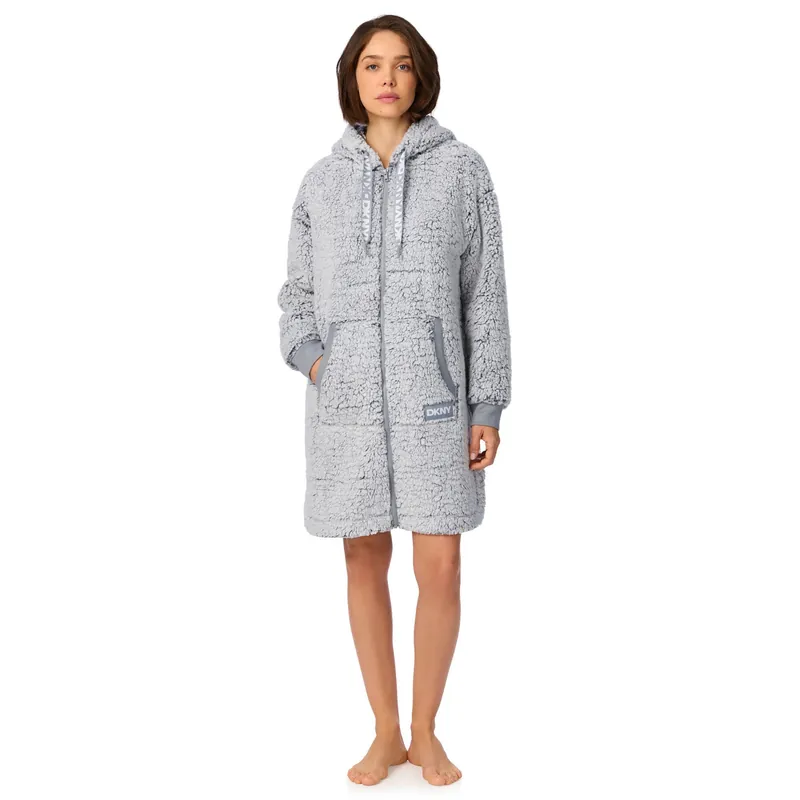91.5cm Long Sleeve Hooded Zip Robe in Graphite Frosted Sherpa - DKNY