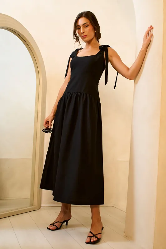 Black Linen Mix Drop Waist Midi Dress - Gini London