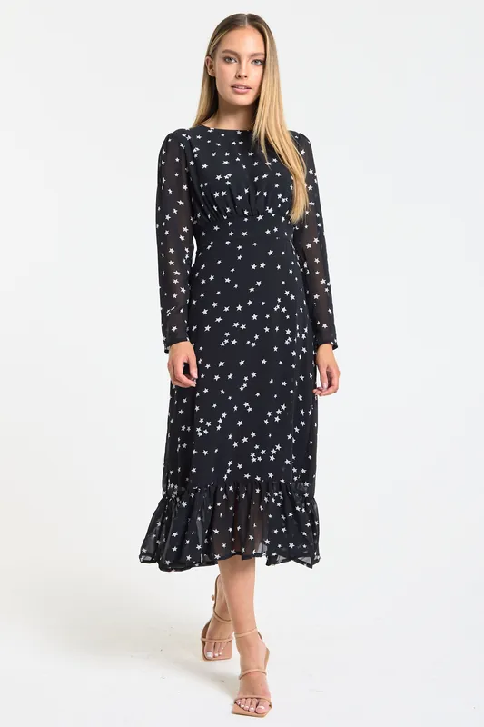 Black Star Print Midi Dress - Liquorish