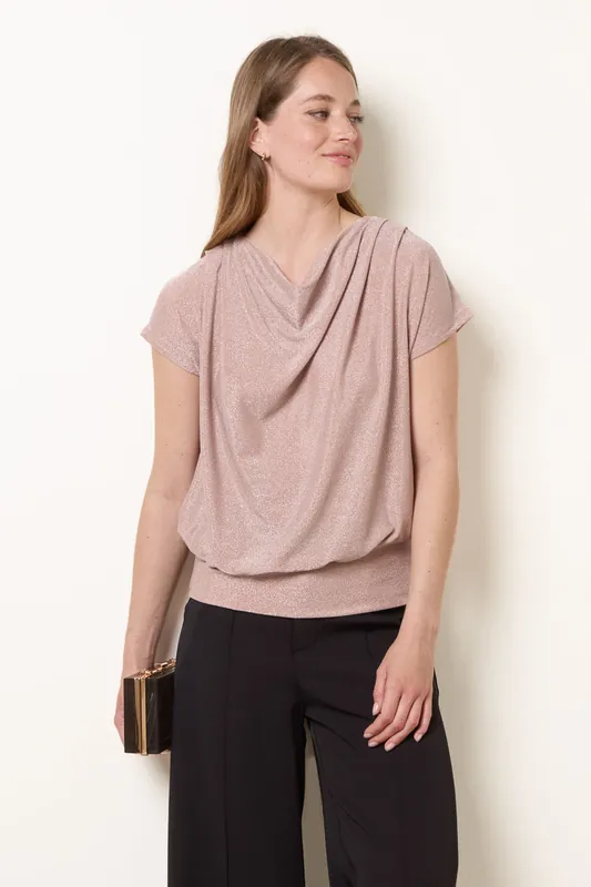 Pink Metallic Cowl Neck Draped Top - Blue Vanilla