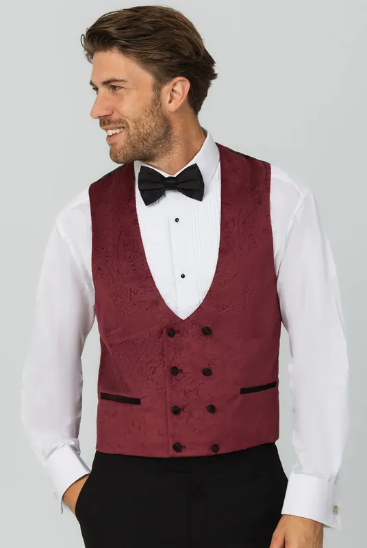 Burgundy Paisley Velvet Double Breasted Tuxedo Waistcoat - Dobell