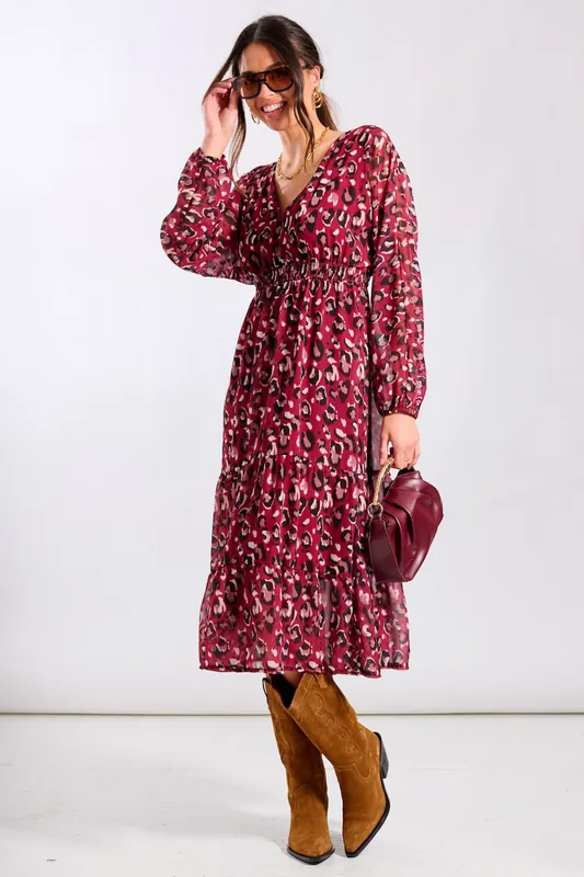 Red Leopard Tiered Chiffon Midi Dress - Needs No Label